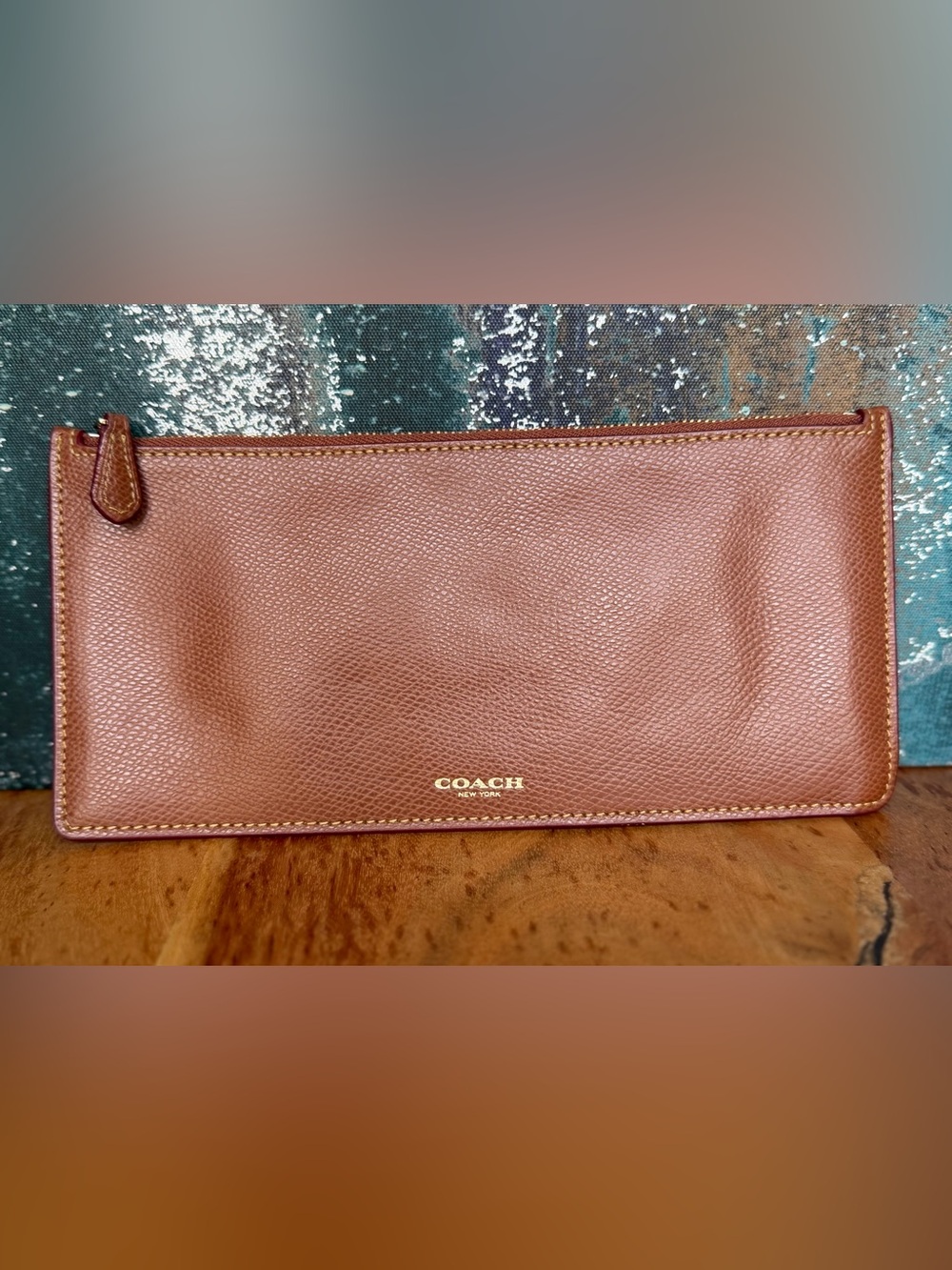 Coach Classic Crossgrain Leather Slim Flat Pouch Wallet British Tan